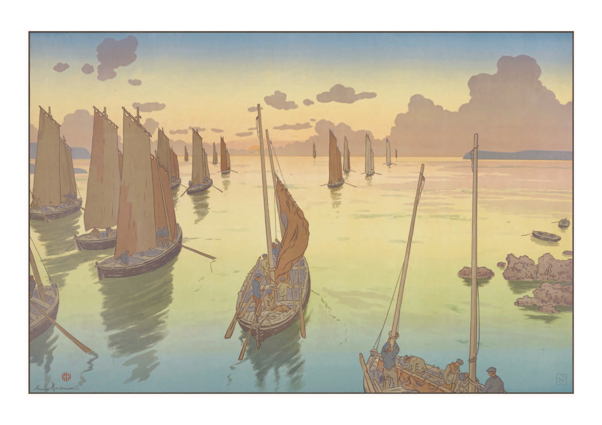 Henri Riviere carte postale Le coucher du soleildes Aspects de la Nature. Marque Bretagne. artiste decoration Bretagne