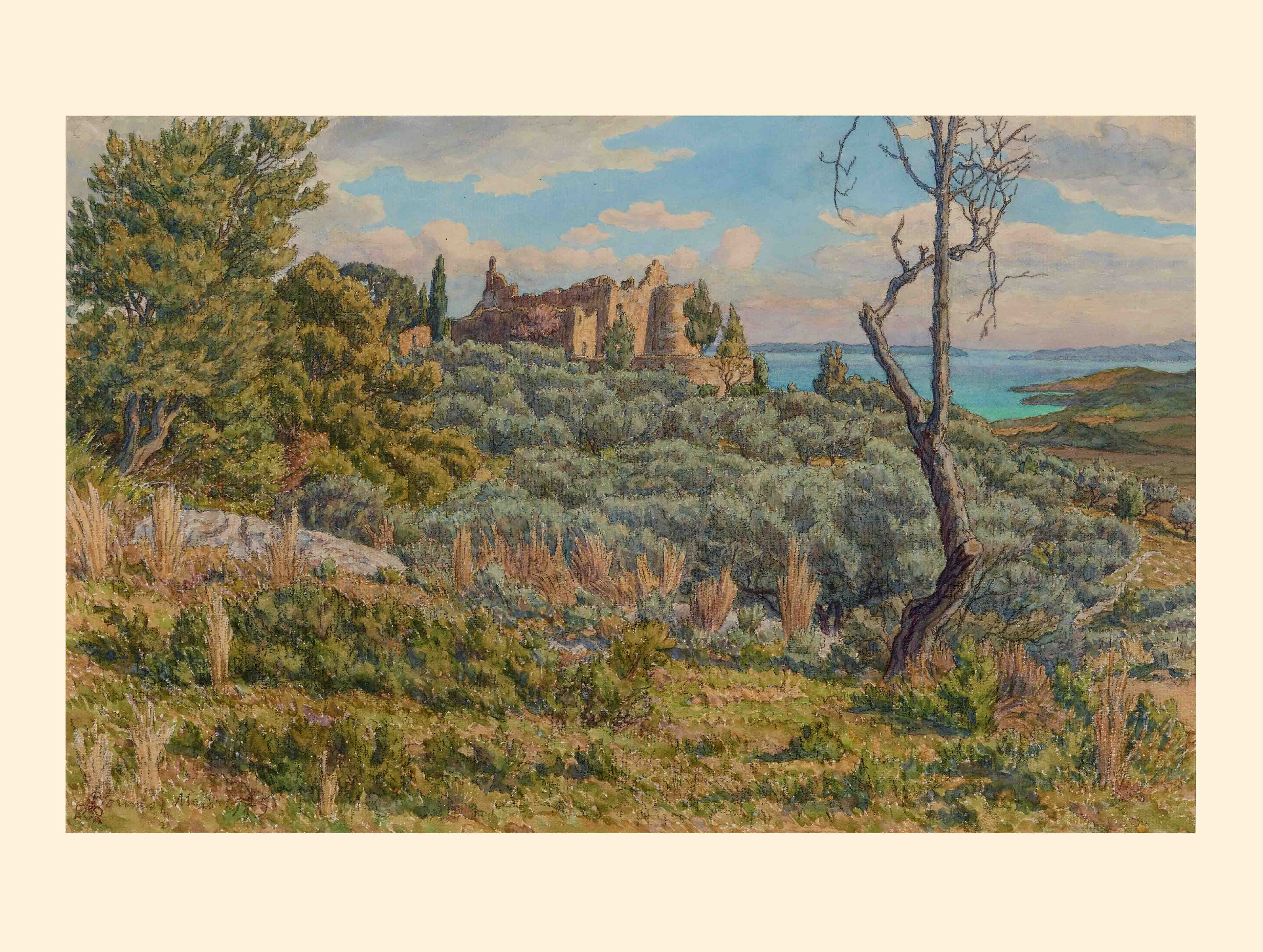 Henri Rivière - Tirage Provence: Bormes, le vieux château en 1925 -